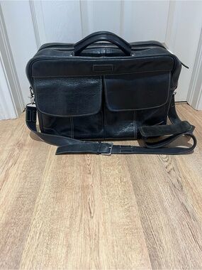 Cole Haan Black Pebbled Leather Briefcase with Front Flap Pockets